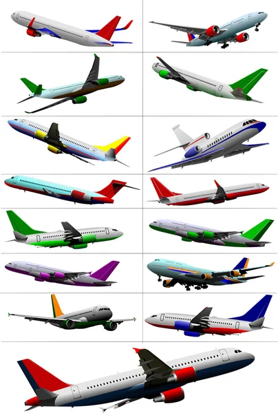 Grande coleção de aviões de passageiros. Cor Ve — Vetor de Stock