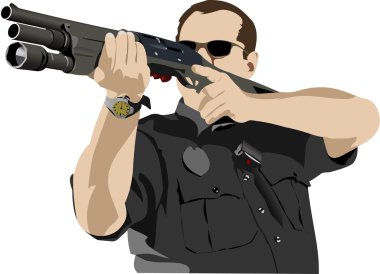 silahlı polis otomatik tüfek ile vurmaya hazırlanıyor. vektör