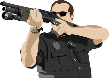 Armed policeman preparing to shoot with automatic rifle. Vector clipart