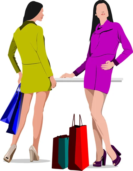 Deux dames avec des sacs. Illustration vectorielle — Image vectorielle