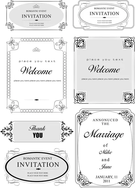 Set of ornate vector frames and ornaments with sample text. Perf — Stock Vector