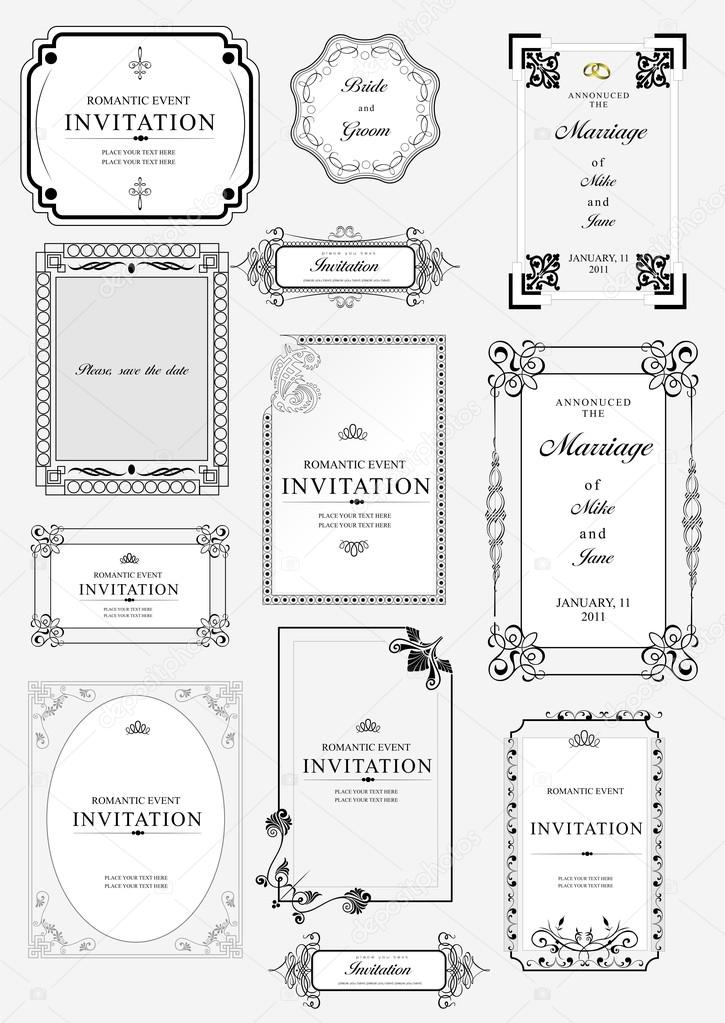 Set of ornate vector frames and ornaments with sample text. Perf