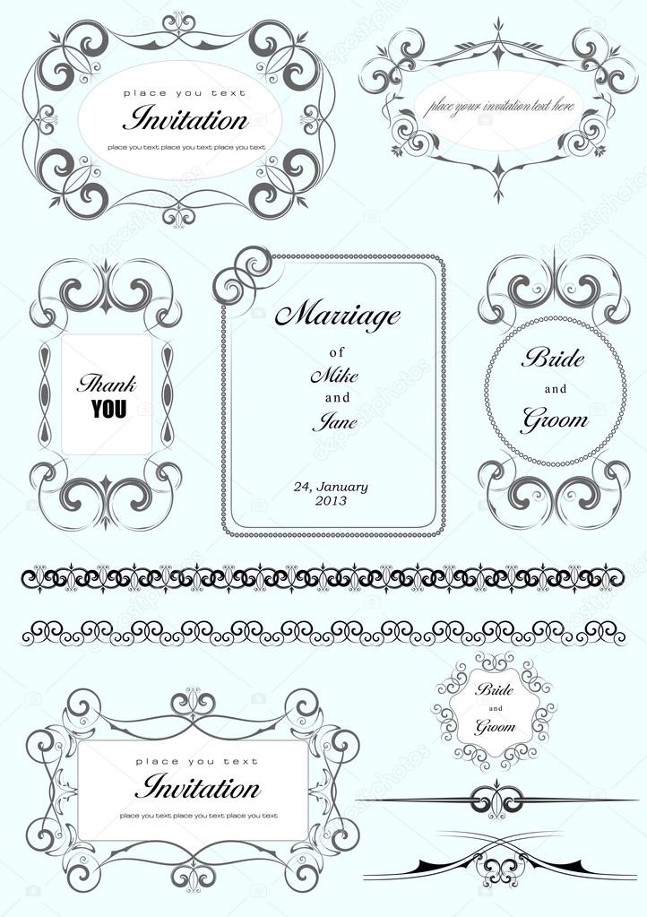 Collection of ornate vector frames and ornaments with sample te
