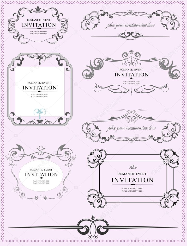 Collection of ornate vector frames and ornaments with sample tex