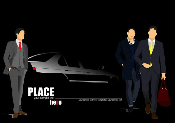 White car silhouette and three businessmen on black background. — Stock Vector