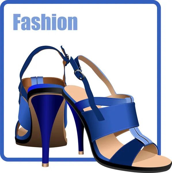 Mode Frau blaue Schuhe Poster. Vektorillustration — Stockvektor