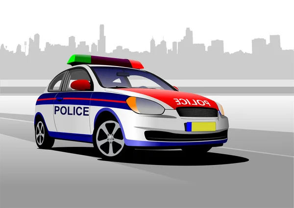 Polisbil på stadens panorama bakgrund. vektor illustration. — Stock vektor