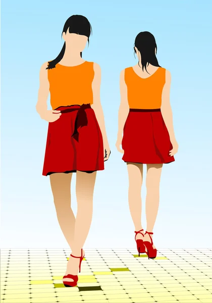 Dos chicas caminando por la calle. Ilustración vectorial coloreada — Vector de stock