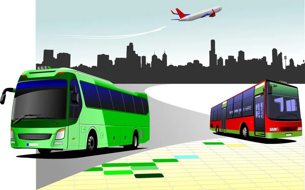 Panorama de la ciudad con dos autobuses e imágenes planas. Entrenador. Vector enfermo — Vector de stock