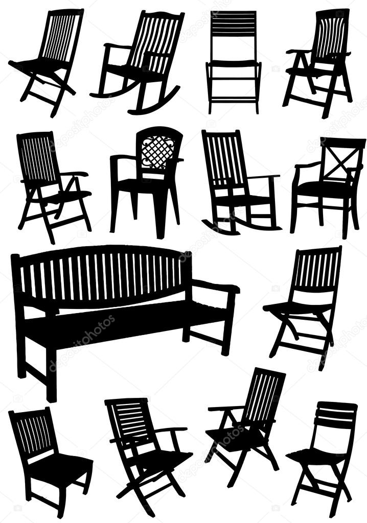 Collection of garden chairs and benches silhouettes. Vector illu