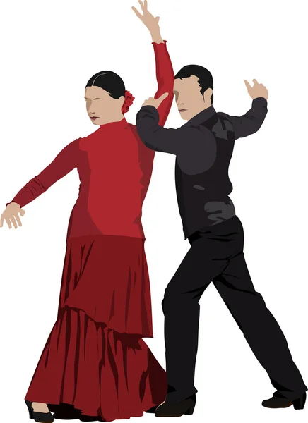 Hermosa pareja joven bailando flamenco aislado en blanco. Vector — Archivo Imágenes Vectoriales