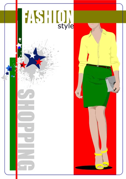 Şirin alışveriş yapan kadın posteri. Vektör renkli illüstrasyon — Stok Vektör