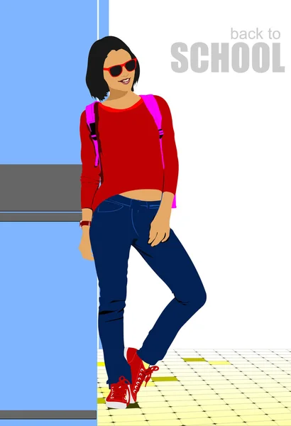 La chica de la escuela va a la escuela. De vuelta a la escuela. Ilustración vectorial — Vector de stock