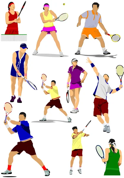 Duży zbiór tenis odtwarzacz sylwetki. Ilustracja wektorowa — Wektor stockowy