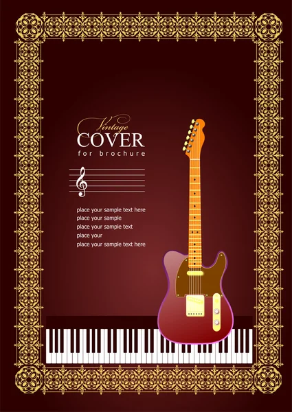 Gold ornament on brown background with guitar image. — Stock Vector