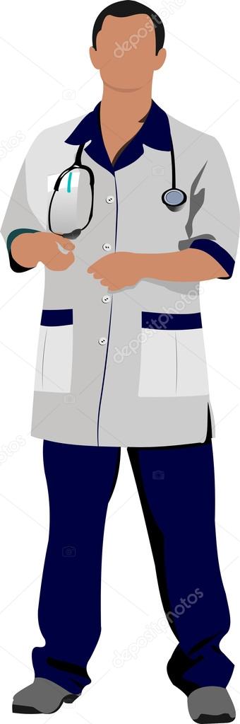 Doctor man with white doctors smock. Vector illustration