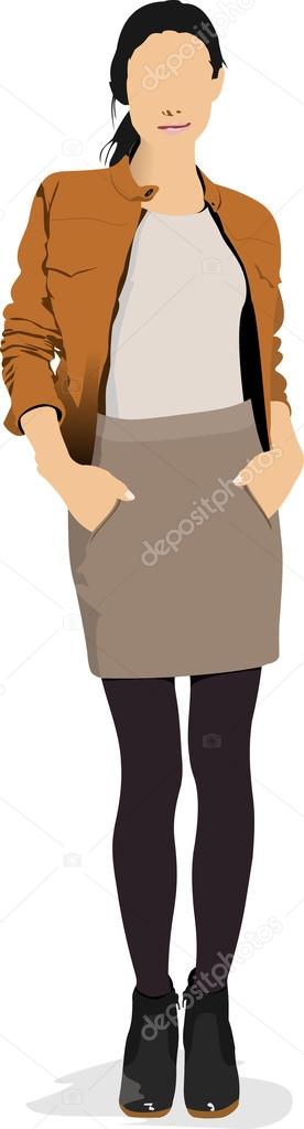 Young girl in brown jacket. Colored Vector illustration