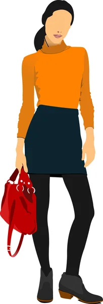 Kırmızı çantalı genç bir kadın. Vektör illüstrasyonu — Stok Vektör