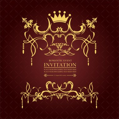 Kahverengi arka planda altın süs. Davetiye arabası olarak kullanılabilir