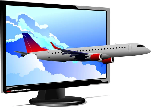 Flat computer monitor with plane image. Display. Vector illustra — Stock Vector