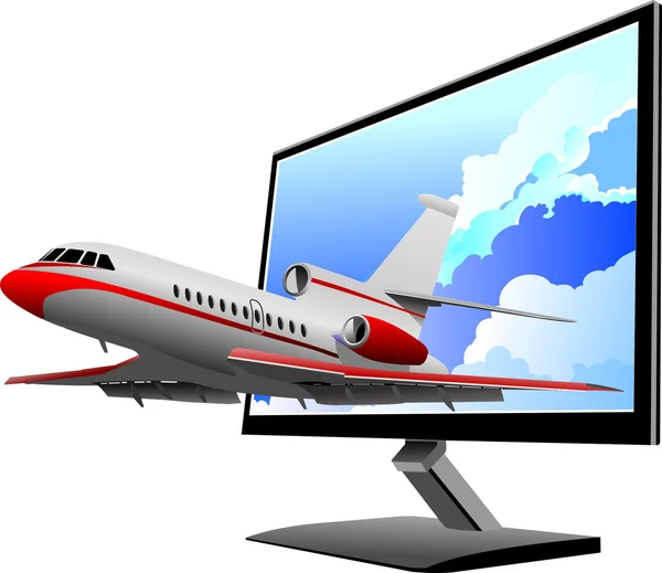 Flat computer monitor with passanger plane image. Display. Vecto — Stock Vector