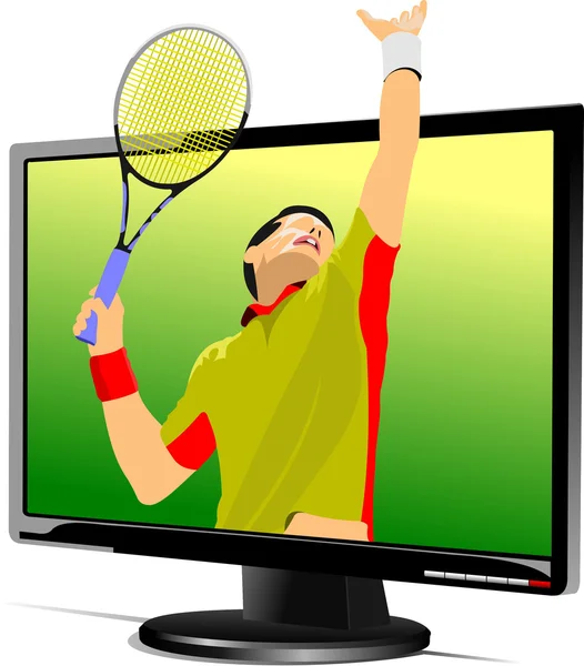 Fondo con monitor de ordenador plano con imagen de jugador de tenis . — Archivo Imágenes Vectoriales