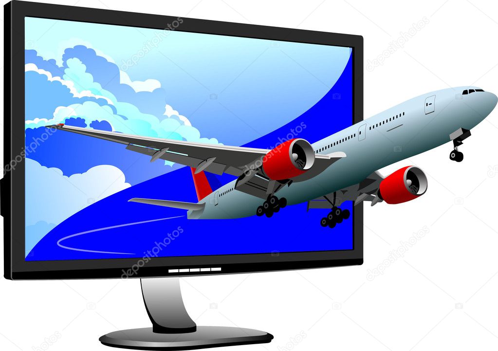 Flat computer monitor with passanger plane image. Display. Vecto