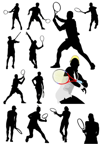 Big collection of tennis player silhouettes. Vector illustration — Stock Vector