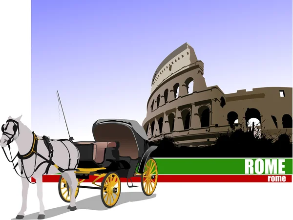Vintage carriage and horse on Rome background. — Stock Vector