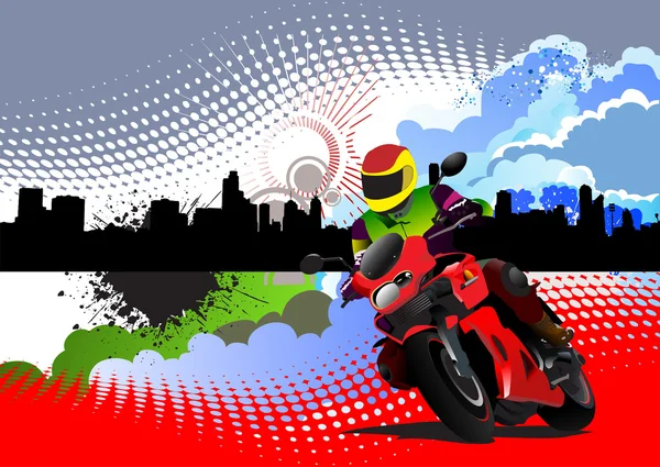 Imagen de moto en el panorama de la ciudad — Vector de stock