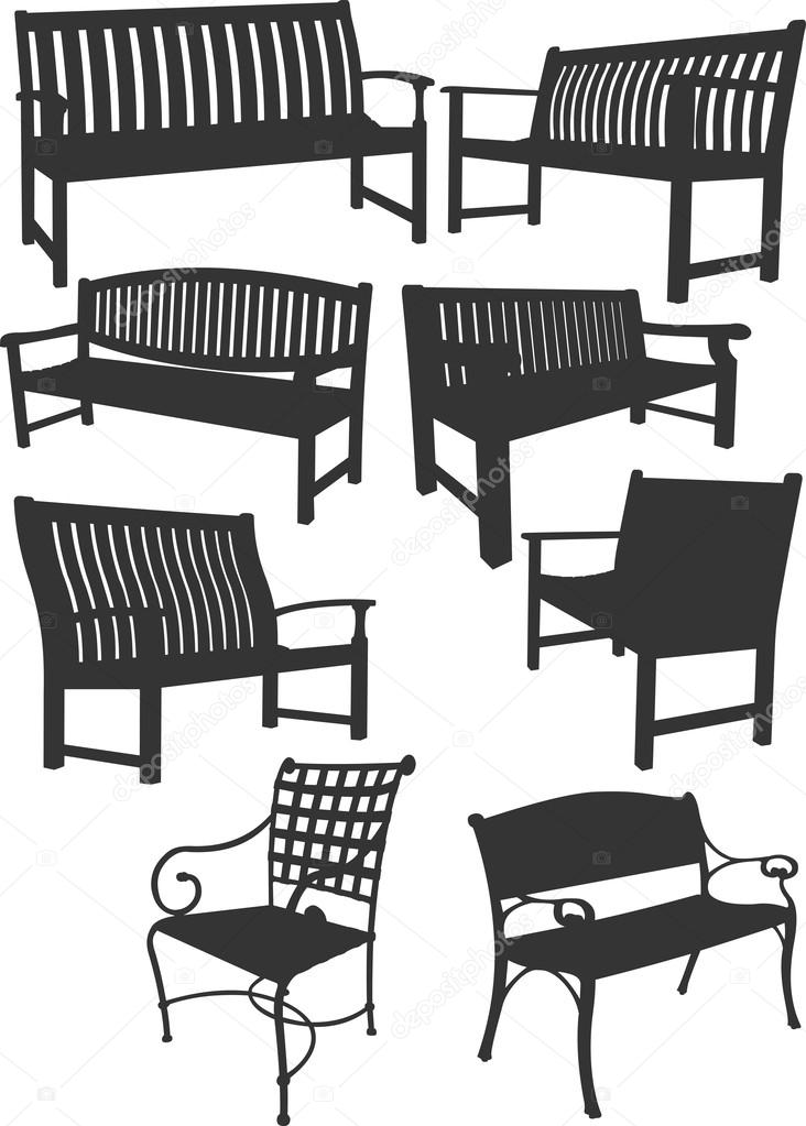 Collection of garden chairs and benches silhouettes