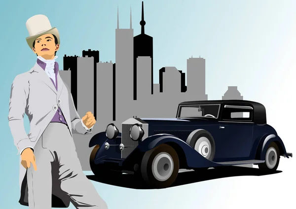 伦敦绅士和老式黑色轿车在城市背景 彩色3D矢量插图 — 图库矢量图片