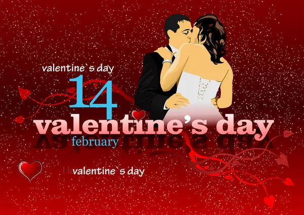 Día San Valentín Fondo Rojo Con Novia Novio Febrero Vector — Vector de stock