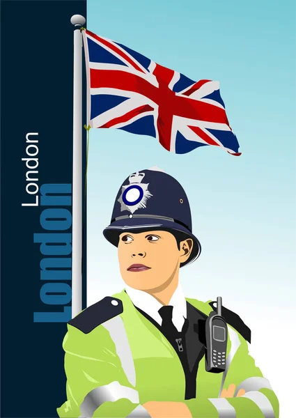 Policía Con Radio Walkie Talkie Fondo Bandera Inglaterra Ilustración Vectorial — Archivo Imágenes Vectoriales