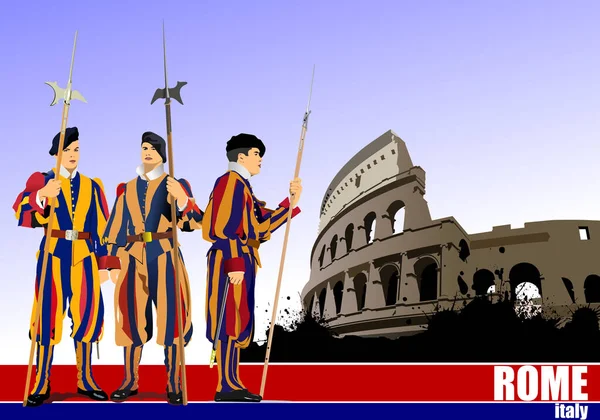 Three Swiss Guards Rome Background Vector Illustration — Stock Vector