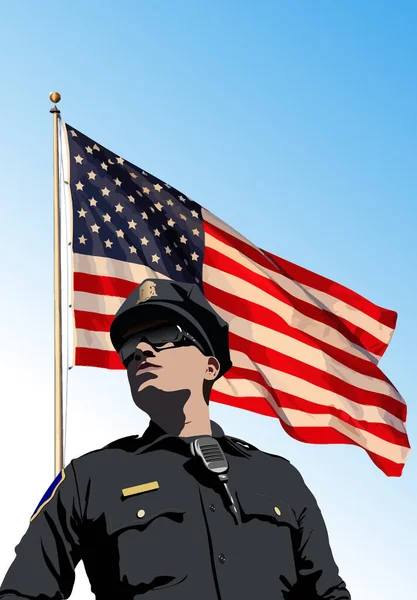 Polisi Dengan Radio Walkie Talkie Pada Latar Belakang Bendera Amerika - Stok Vektor