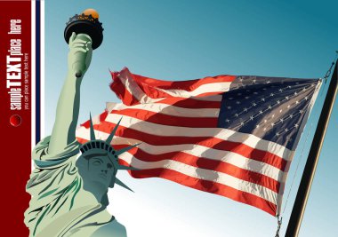 Amerika Birleşik Devletleri 'nin 4 Temmuz Bağımsızlık Günü. Gökyüzü arkaplan vektörü 3d illüstrasyonunda bayrak