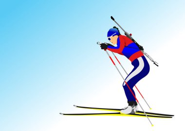 Biatlon koşucusu renkli siluet. Çekim. Vektör 3d illüstrasyon
