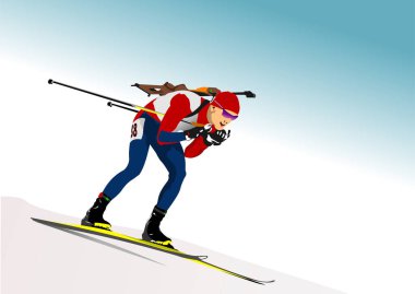 Biatlon koşucusu renkli siluet. Çekim. Vektör 3d illüstrasyon