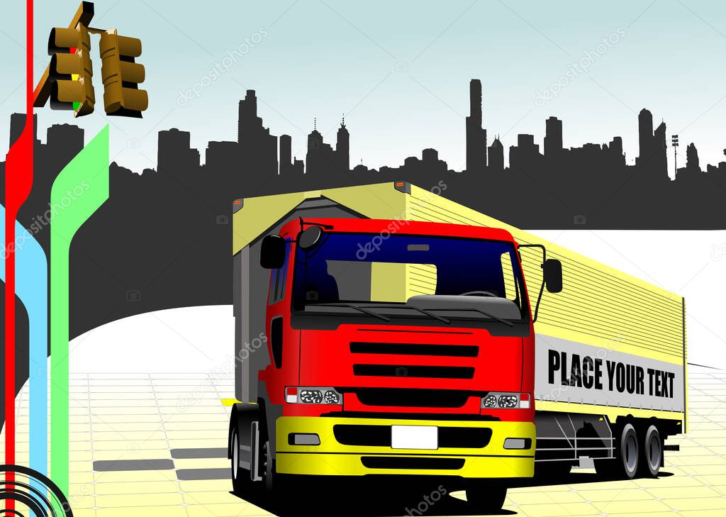 Red-yellow  truck on the city background. Vector 3d illustration