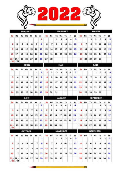 Calendario 2022 Año Del Tigre Ilustración Color Vectorial — Vector de stock