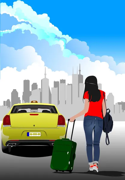 Ung Flicka Med Resväska Stoppar Taxi Vektor Färg Illustration — Stock vektor