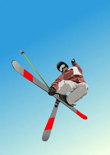 Slopestyle Freestyle Skiën Vector Kleur Illustratie — Stockvector