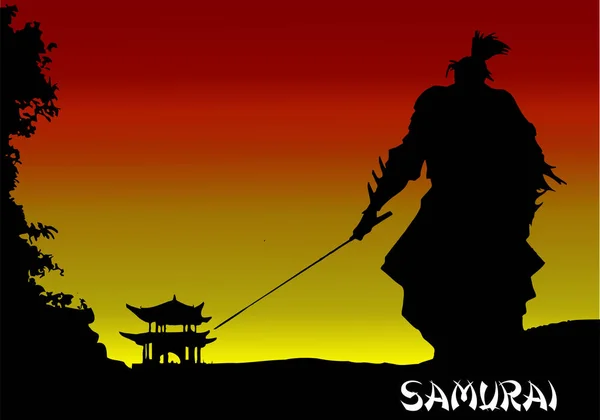 Schwarze Silhouette Von Samurai Mit Dem Schwert Auf Hohem Himmelshintergrund — Stockvektor