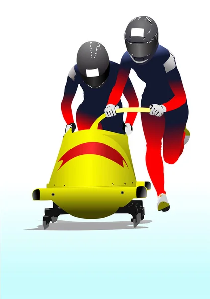 ２人の男がボブスレーを 3Dベクトルカラーイラスト — ストックベクタ