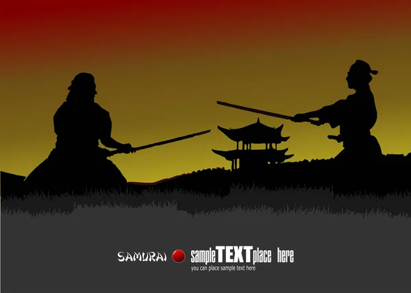 Svart Siluett Samurai Med Svärdet Höjden Himmel Bakgrund Vektorillustration — Stock vektor