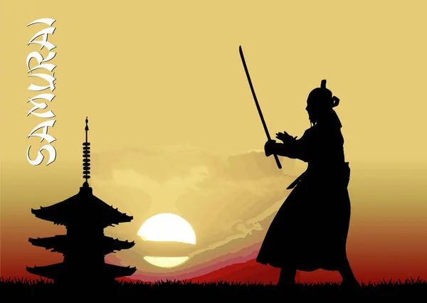 Schwarze Silhouette Von Samurai Mit Dem Schwert Auf Hohem Himmelshintergrund — Stockvektor