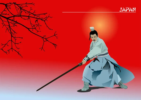 Svart Siluett Samurai Med Svärdet Höjden Himmel Bakgrund Vektorillustration — Stock vektor