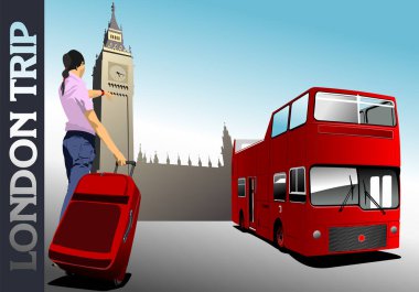 Kız silueti ve kırmızı gezi otobüsüyle Londra görüntüsü. Renkli 3d vektör illüstrasyonu