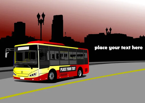 Bus Rouge Jaune Sur Fond Ville Nuit Coach Illustration Vectorielle — Image vectorielle